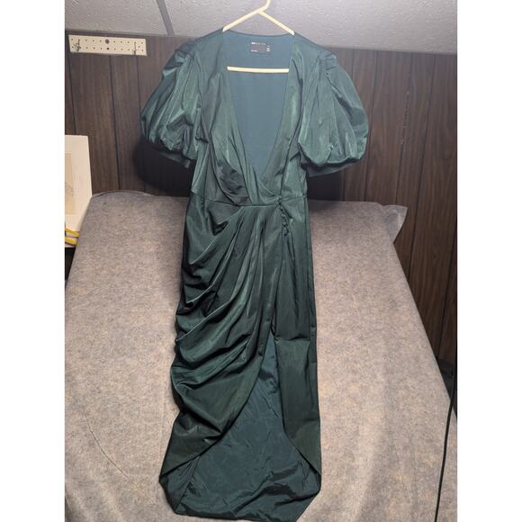 ASOS Structured Drape Wrap Midi Dress puff Sleeve Green - Size 8 Holiday Party - Picture 6 of 11